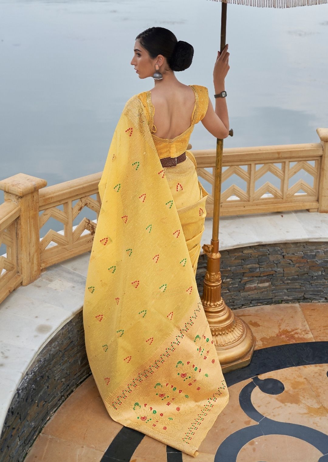 Glazed Corn Yellow Zari Woven Pure Handloom Linen Saree