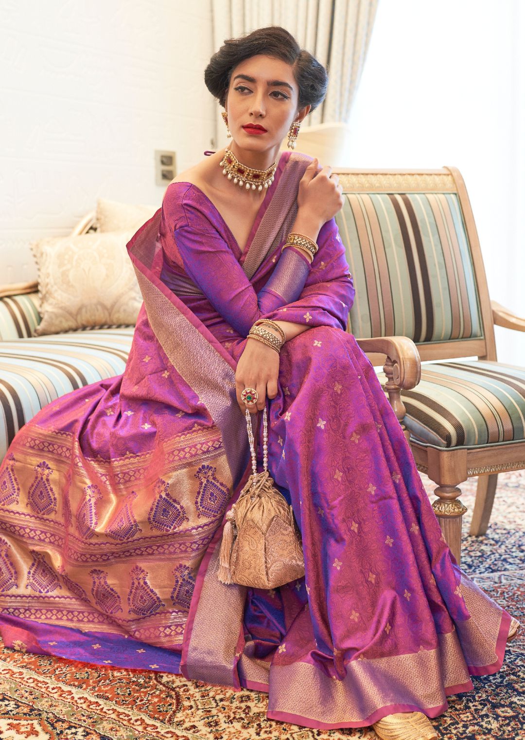 Magenta Purple Woven Handloom Zari Silk Saree