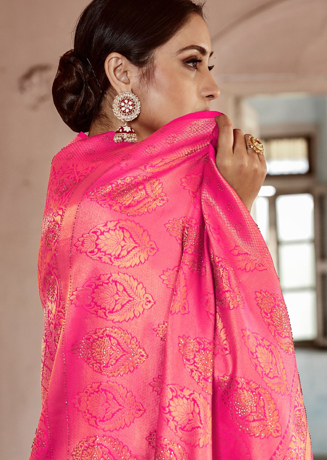 Hot Pink Swaroski Hand Woven Kanjivaram Silk Saree