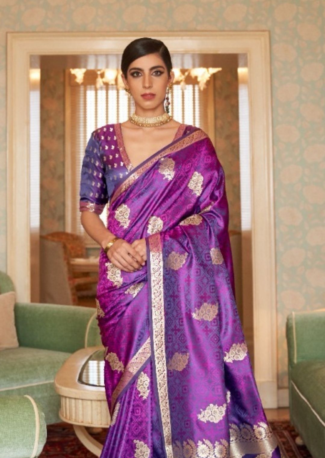 Purple Woven Pure Satin Silk Saree