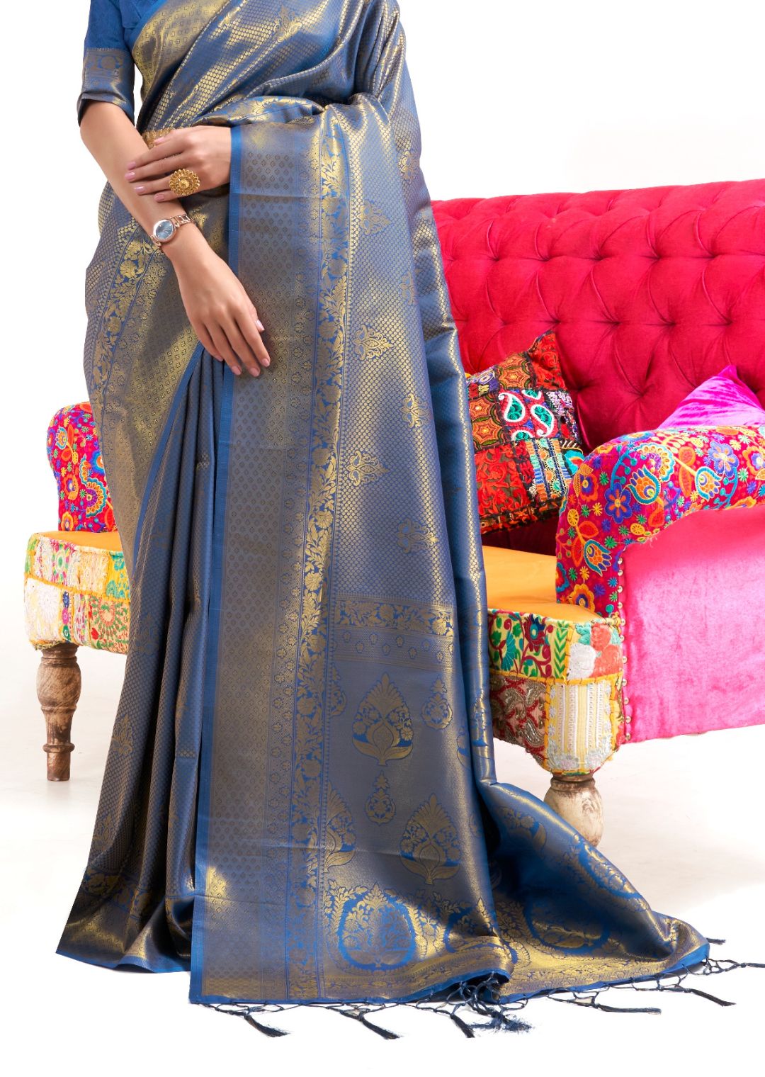 Marine Blue Hand Woven Kanjivaram Silk Saree