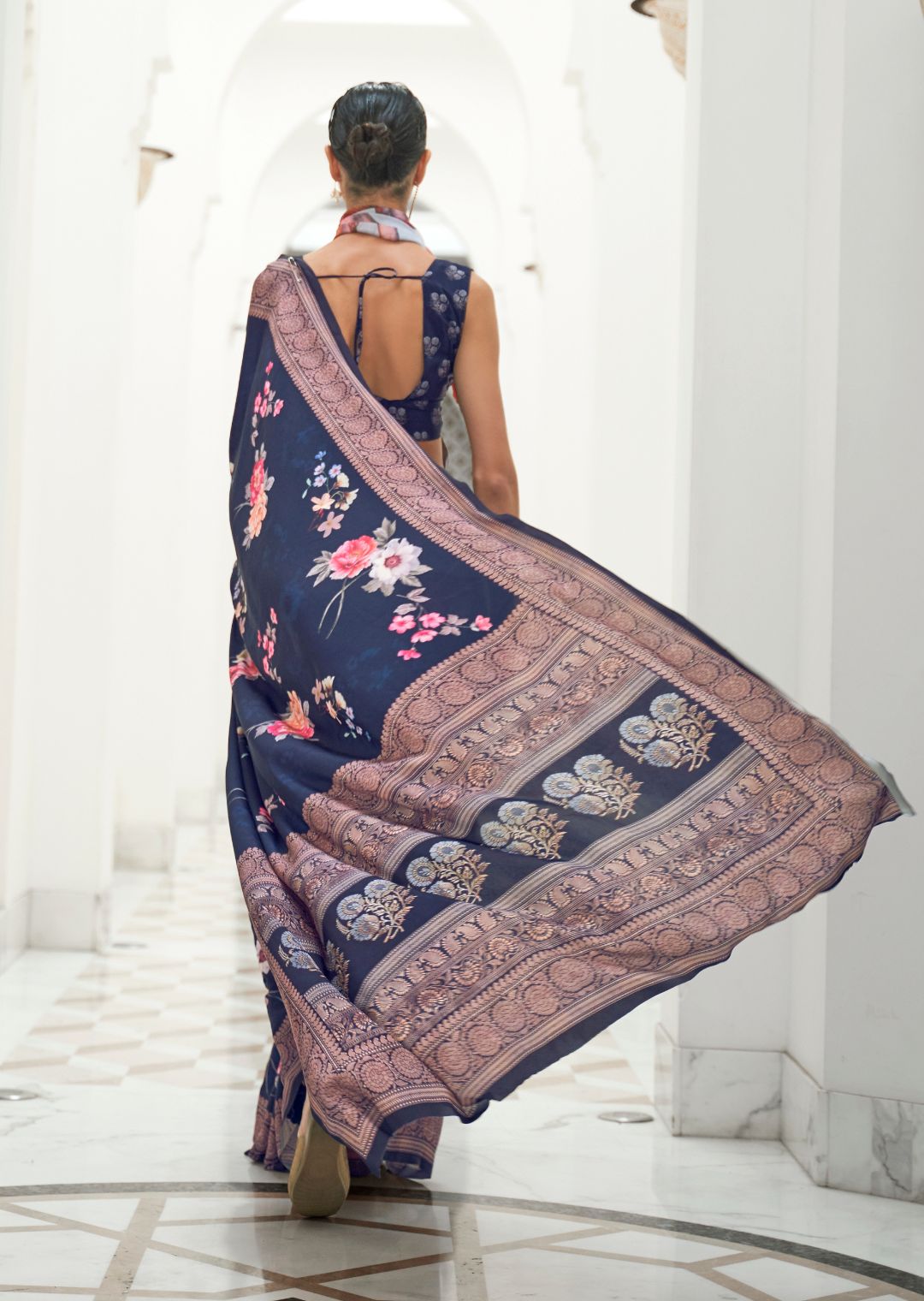 Midnight Blue Kalamkari Printed Pure Crepe Silk Saree