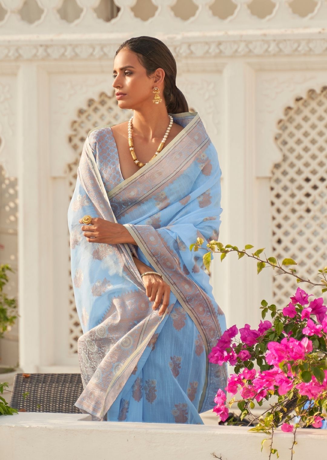 deep Sky Blue Zari Woven Pure Handloom Linen Saree