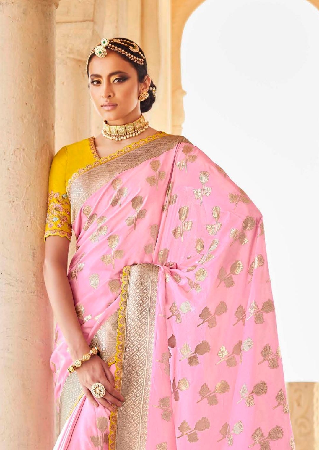 Powder Neon Pink Woven Exclusive Designer Banarasi Silk Saree With Embroidered Silk Blouse