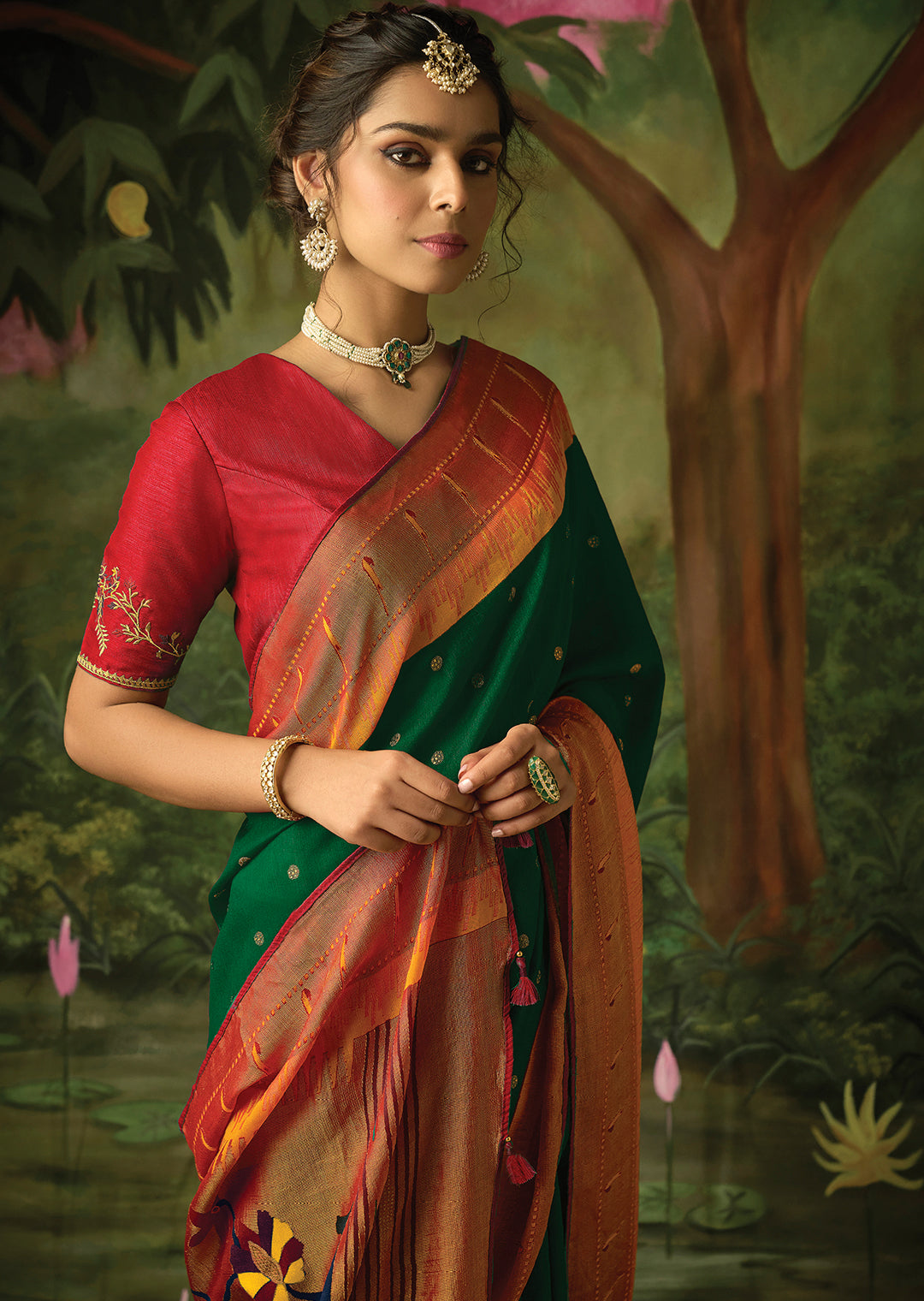 GREEN WOVEN TRADITIONAL PURE BRASSO CHIFFON PAITHANI SAREE WITH EMBROIDERED SILK BLOUSE