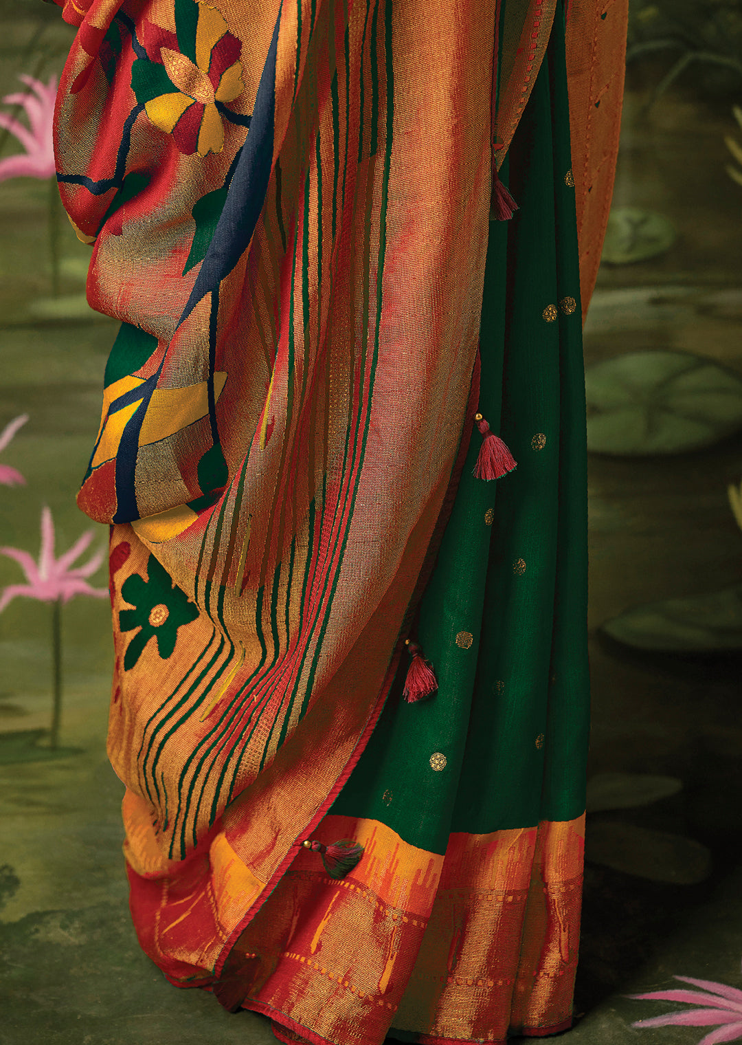 GREEN WOVEN TRADITIONAL PURE BRASSO CHIFFON PAITHANI SAREE WITH EMBROIDERED SILK BLOUSE