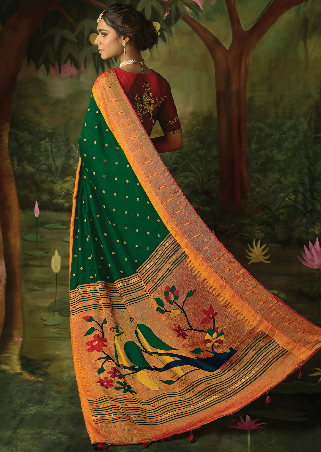 GREEN WOVEN TRADITIONAL PURE BRASSO CHIFFON PAITHANI SAREE WITH EMBROIDERED SILK BLOUSE