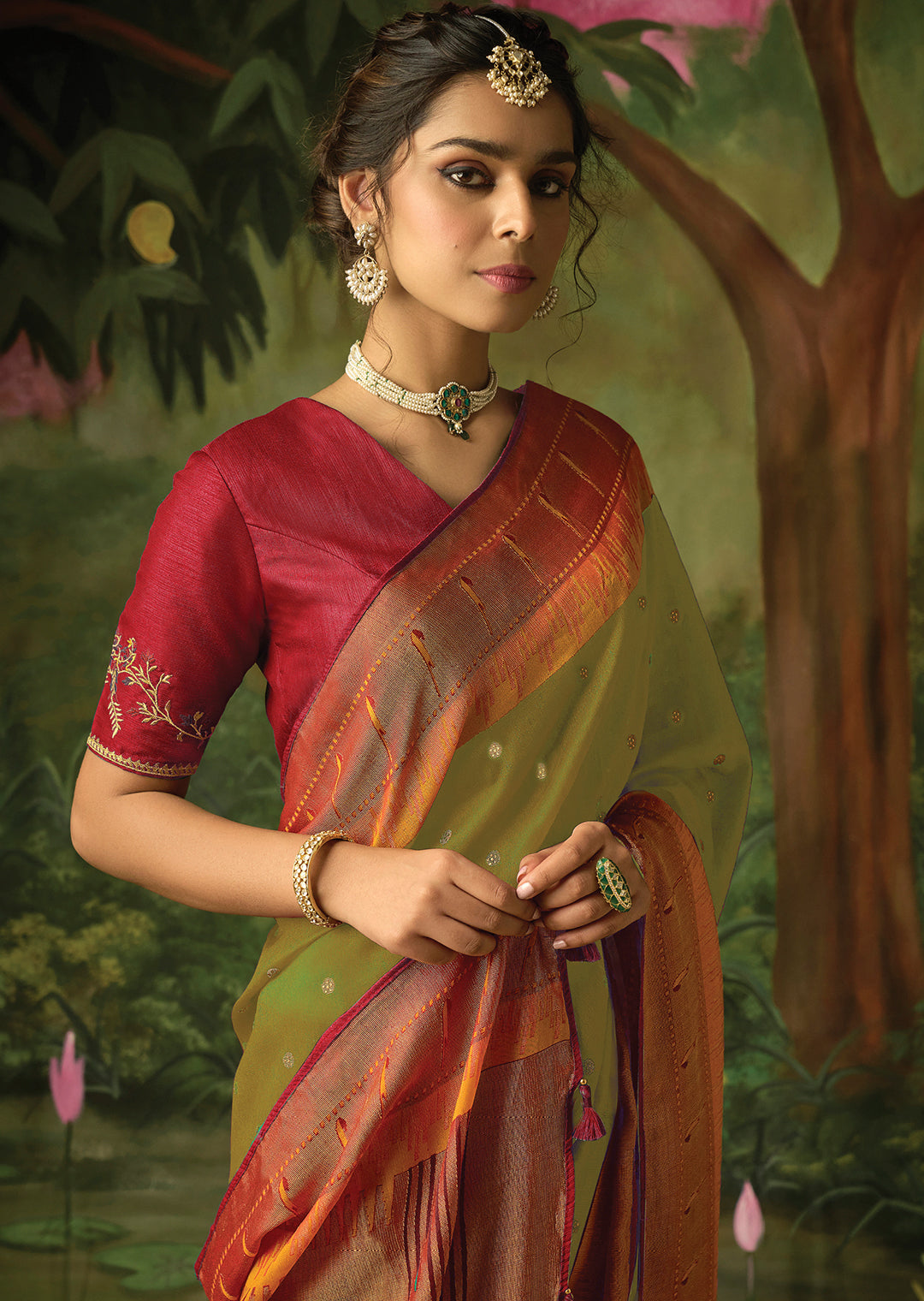 OLIVE GREEN WOVEN TRADITIONAL PURE BRASSO CHIFFON PAITHANI SAREE WITH EMBROIDERED SILK BLOUSE