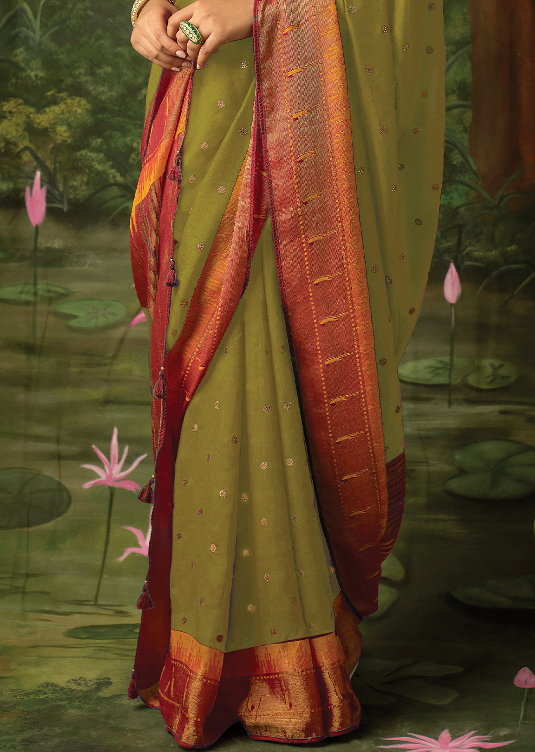 OLIVE GREEN WOVEN TRADITIONAL PURE BRASSO CHIFFON PAITHANI SAREE WITH EMBROIDERED SILK BLOUSE