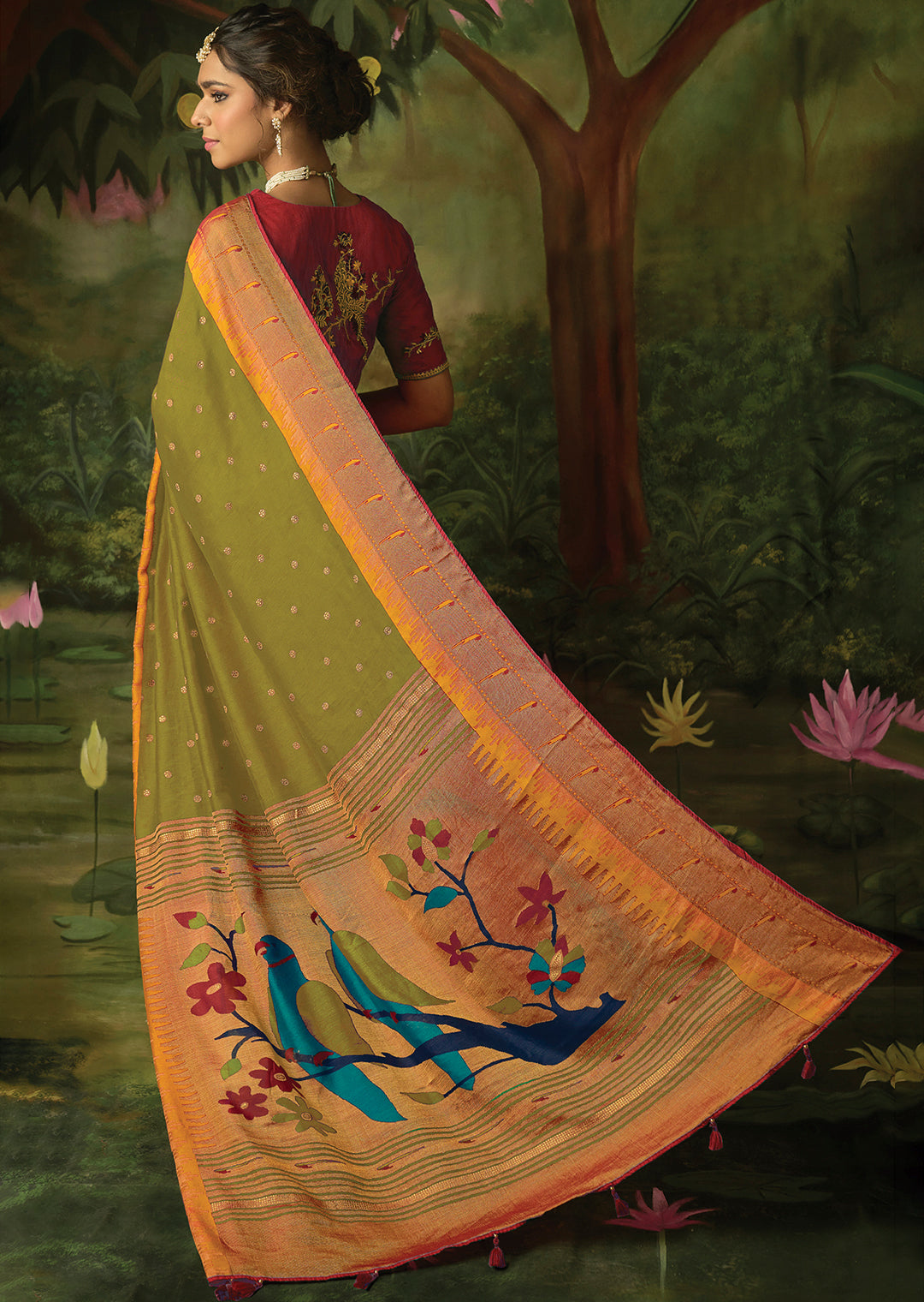 OLIVE GREEN WOVEN TRADITIONAL PURE BRASSO CHIFFON PAITHANI SAREE WITH EMBROIDERED SILK BLOUSE