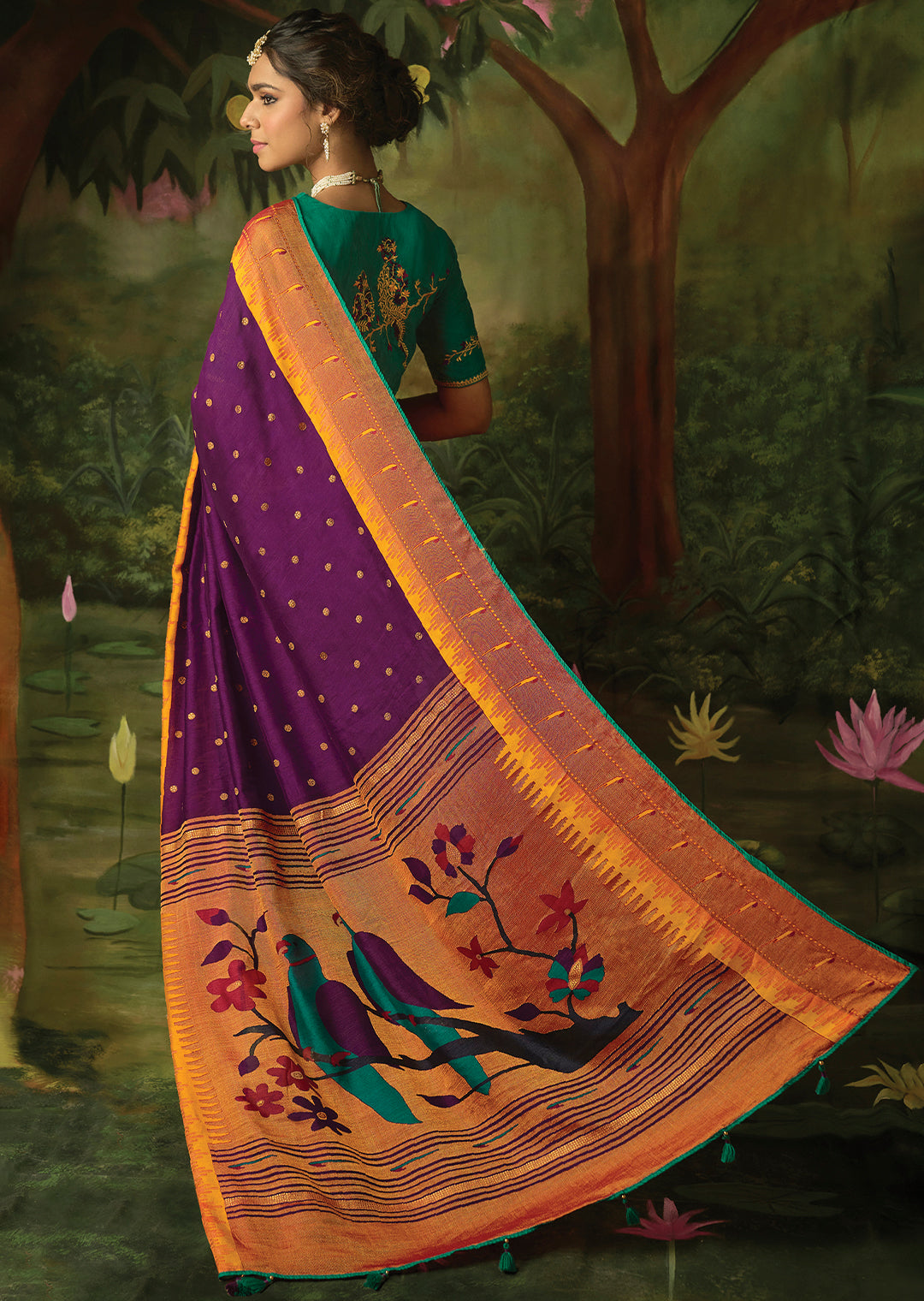 PLUM PURPLE WOVEN TRADITIONAL PURE BRASSO CHIFFON PAITHANI SAREE WITH EMBROIDERED SILK BLOUSE