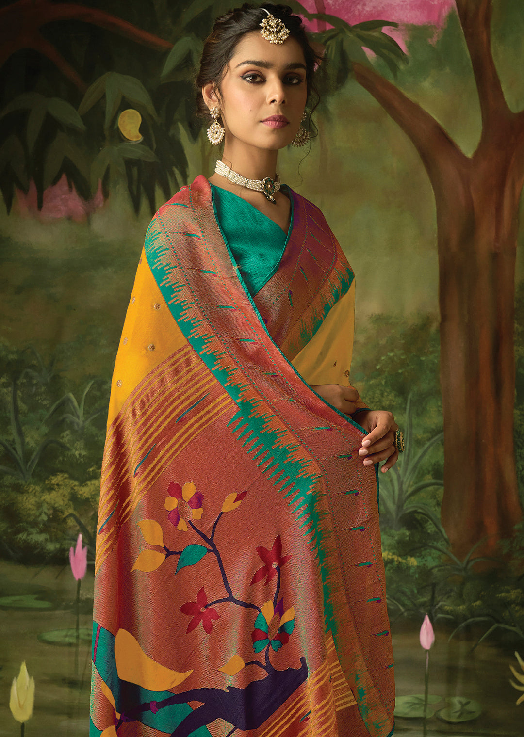 MUSTARD YELLOW WOVEN TRADITIONAL PURE BRASSO CHIFFON PAITHANI SAREE WITH EMBROIDERED SILK BLOUSE