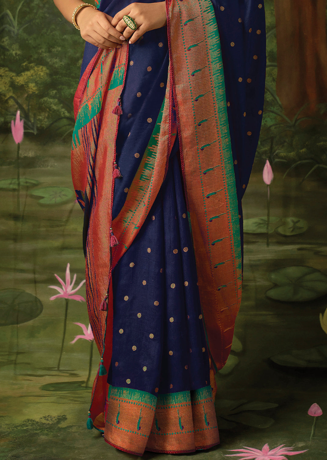 NAVY BLUE WOVEN TRADITIONAL PURE BRASSO CHIFFON PAITHANI SAREE WITH EMBROIDERED SILK BLOUSE