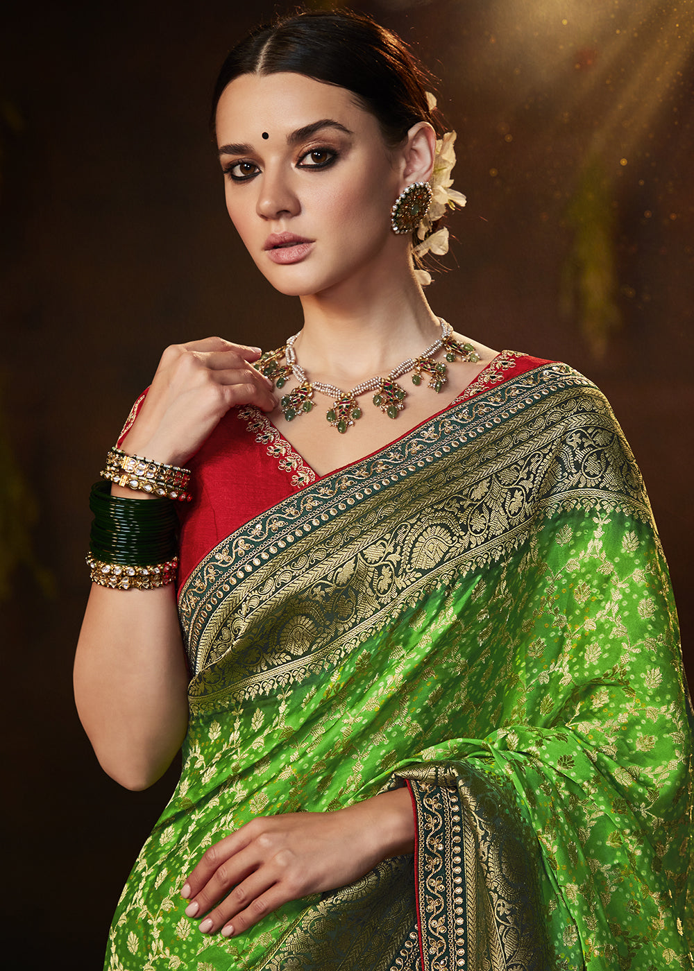 LIME GREEN WOVEN PURE GEORGETTE BANDHANI SAREE WITH BANARASI SILK BORDER & HEAVY EMBROIDERED BLOUSE