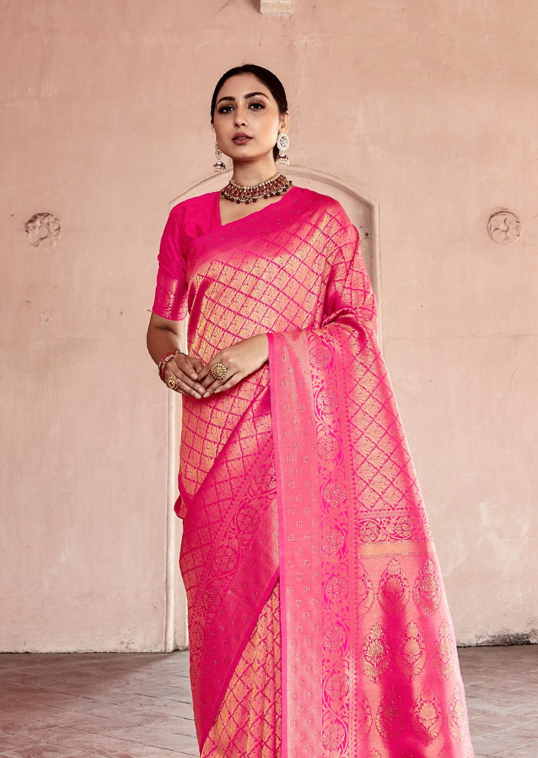 Hot Pink Swaroski Hand Woven Kanjivaram Silk Saree