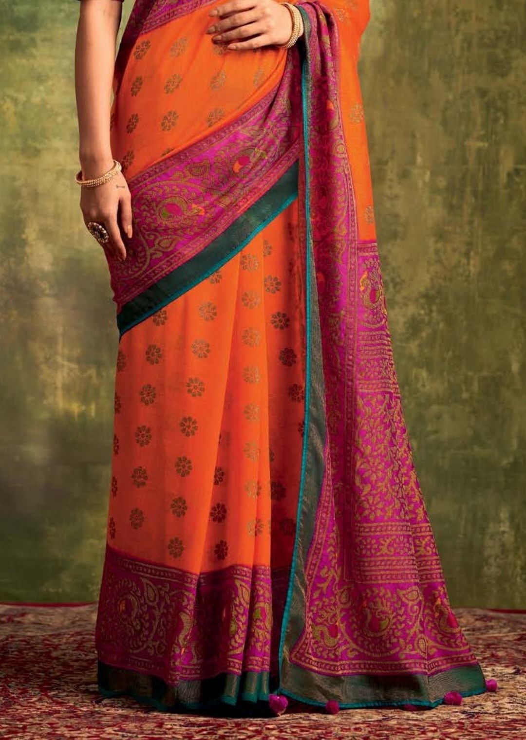 Halloween Orange Pure Braso Chiffon Saree With Embroidered Silk Blouse