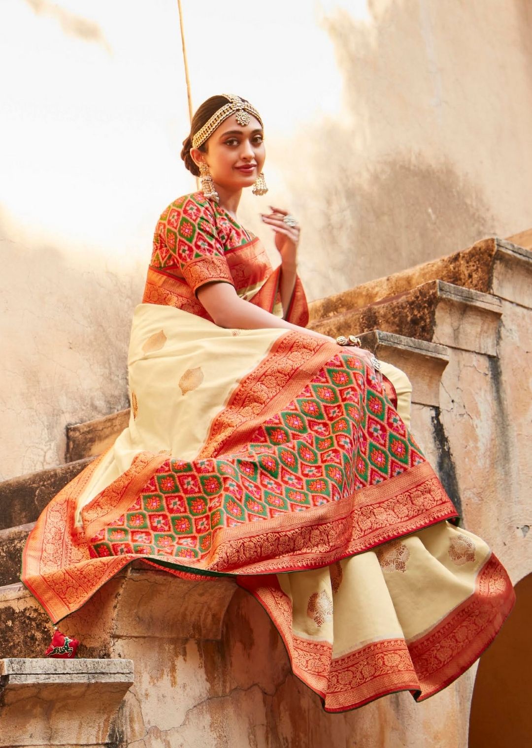 Pearl White Woven Traditional Patola Silk Saree With Embroidered Silk Blouse