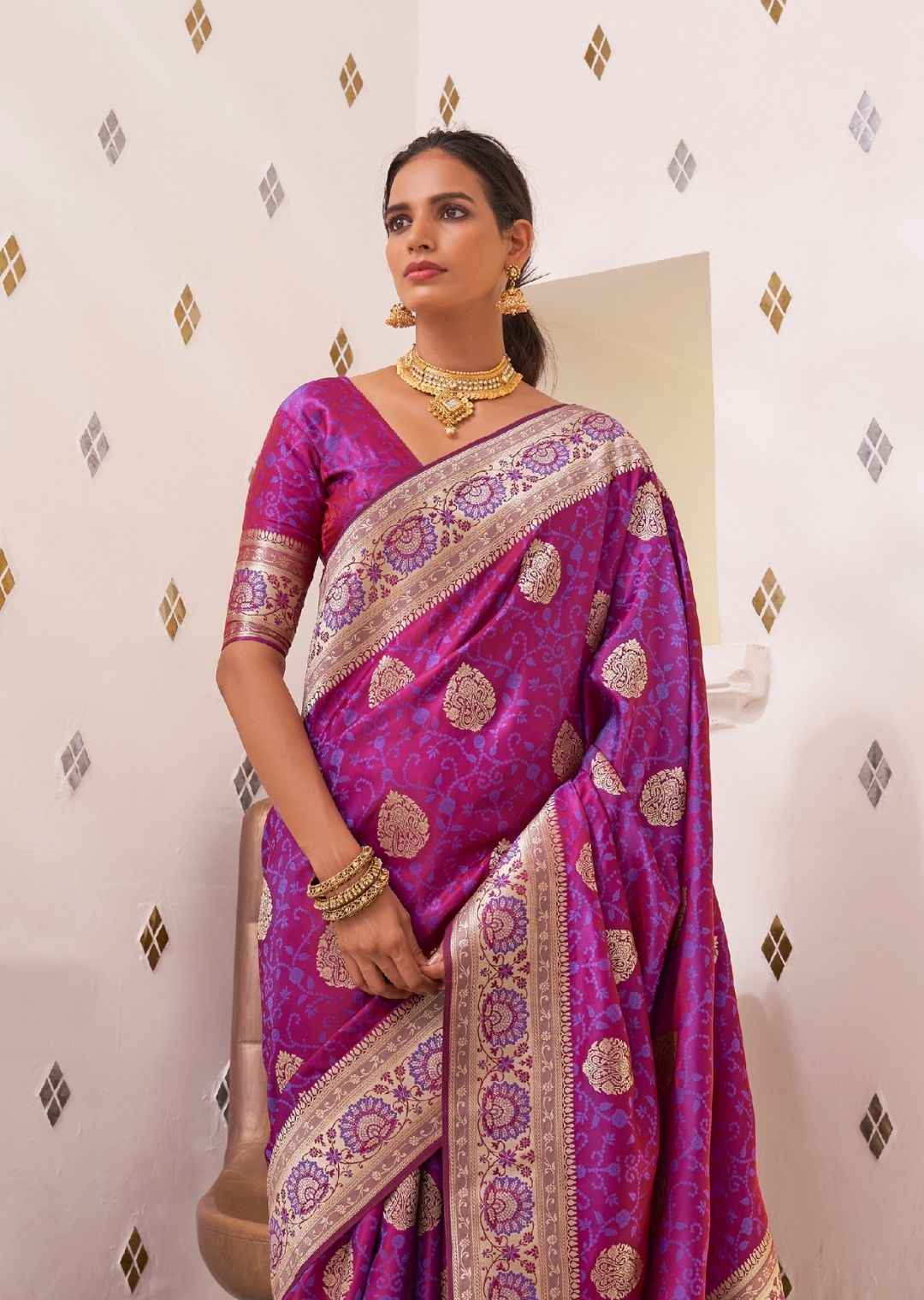 Magenta Purple Woven Pure Satin Banarasi Silk Saree