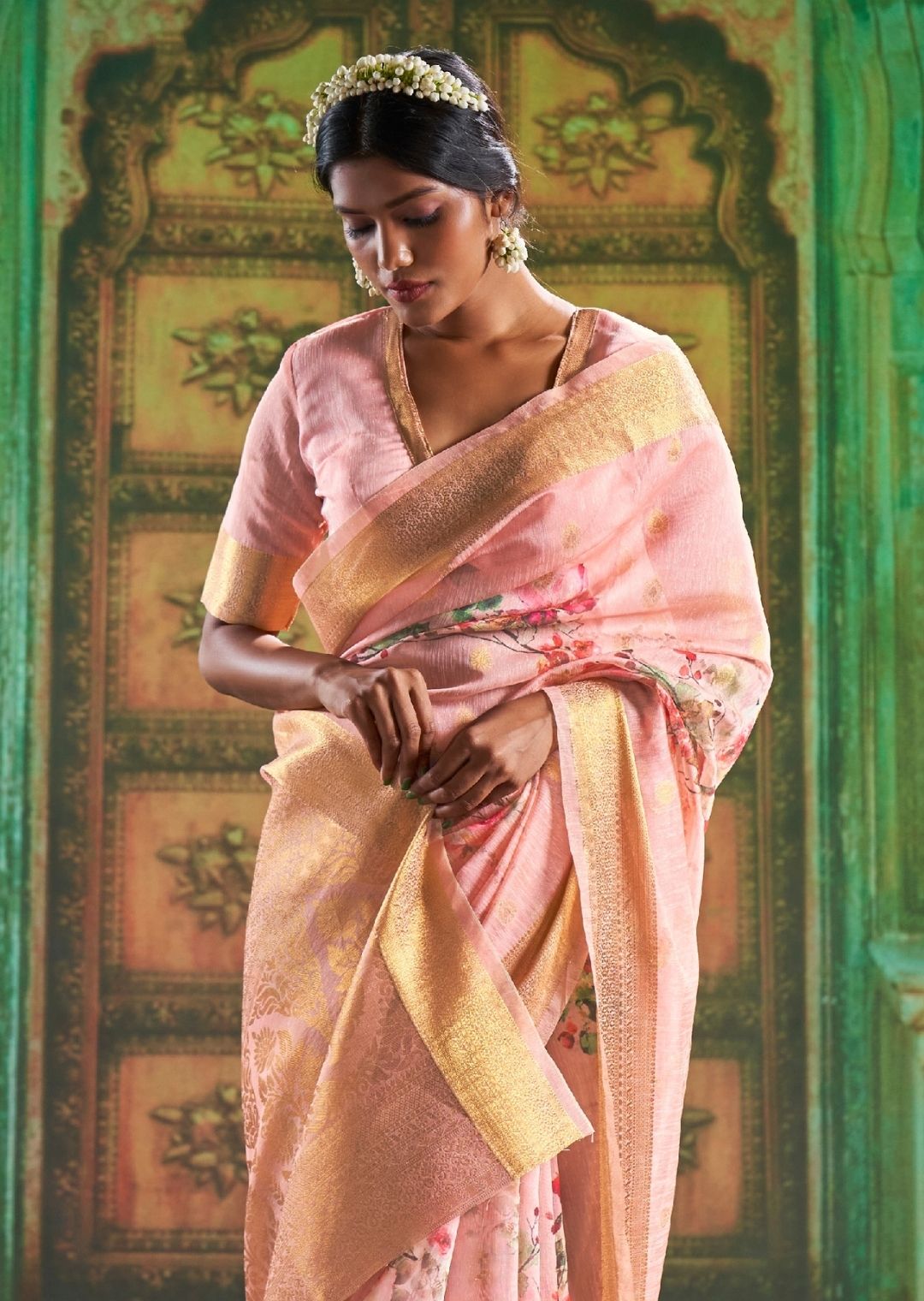 Blossom Pink Zari Woven Pure Handloom Digital Linen Saree