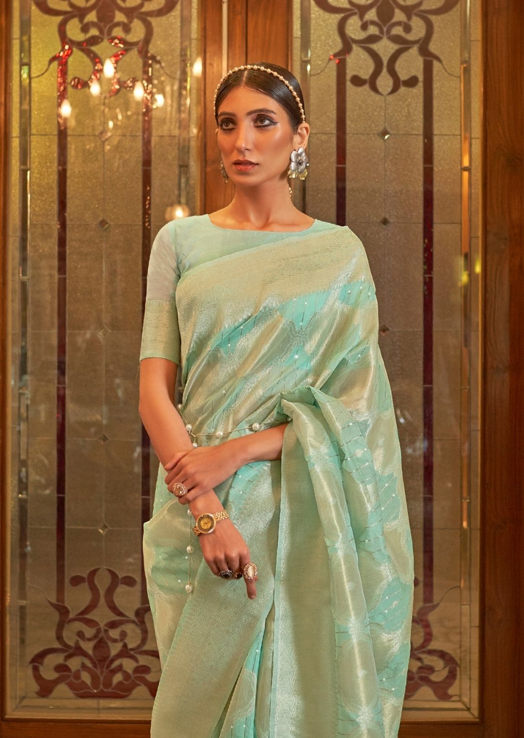 Golden Mint Green Zari Woven Pure Handloom Linen Saree