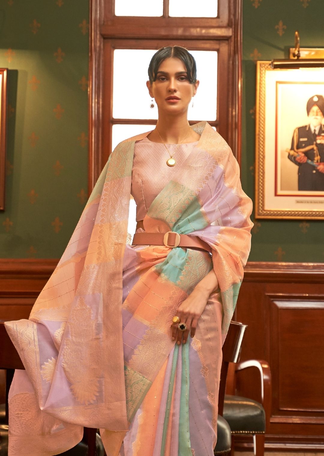 Lavender & Peach Zari Woven Pure Handloom Organza Silk Saree With Sequins Work