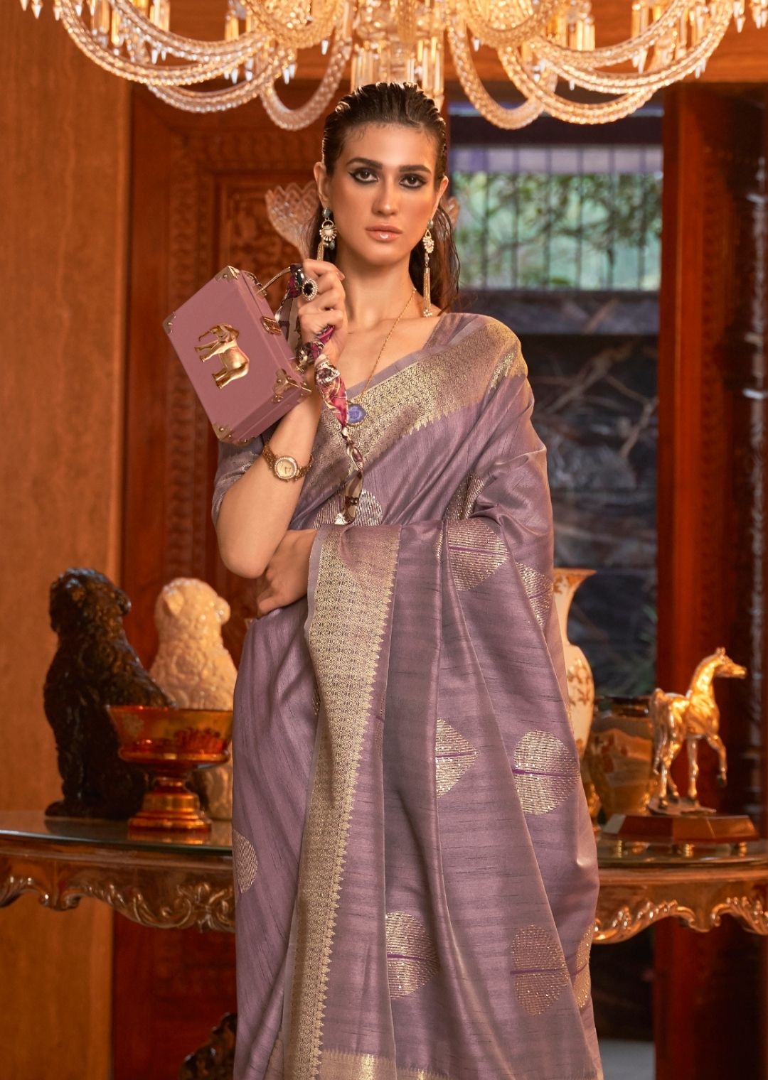 Opera Mauve Purple Hand Woven Tussar Cotton Silk Saree With Sequins Work