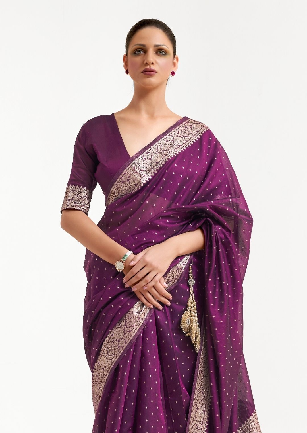 Plum Purple Woven Soft Tussar Cotton Silk Saree