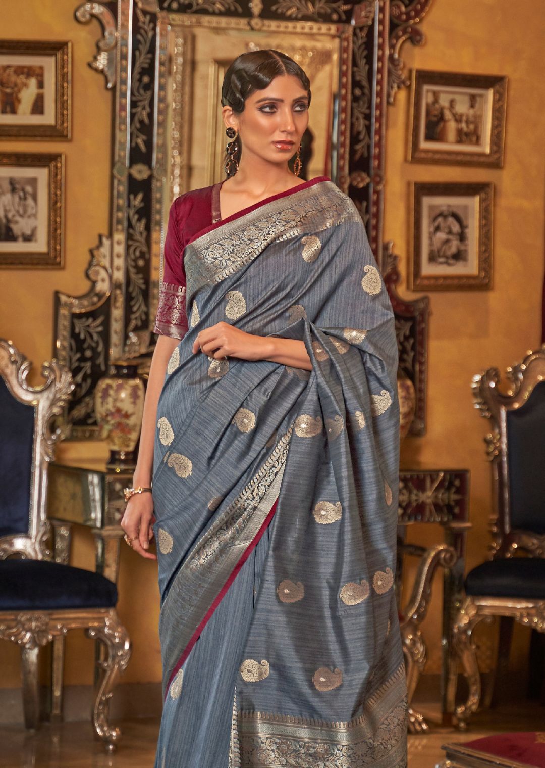 Stone Blue Zari Woven Pure Handloom Tessar Silk Saree