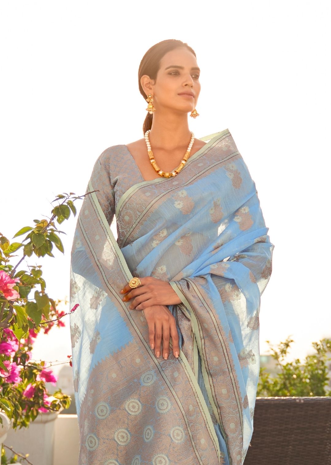 deep Sky Blue Zari Woven Pure Handloom Linen Saree