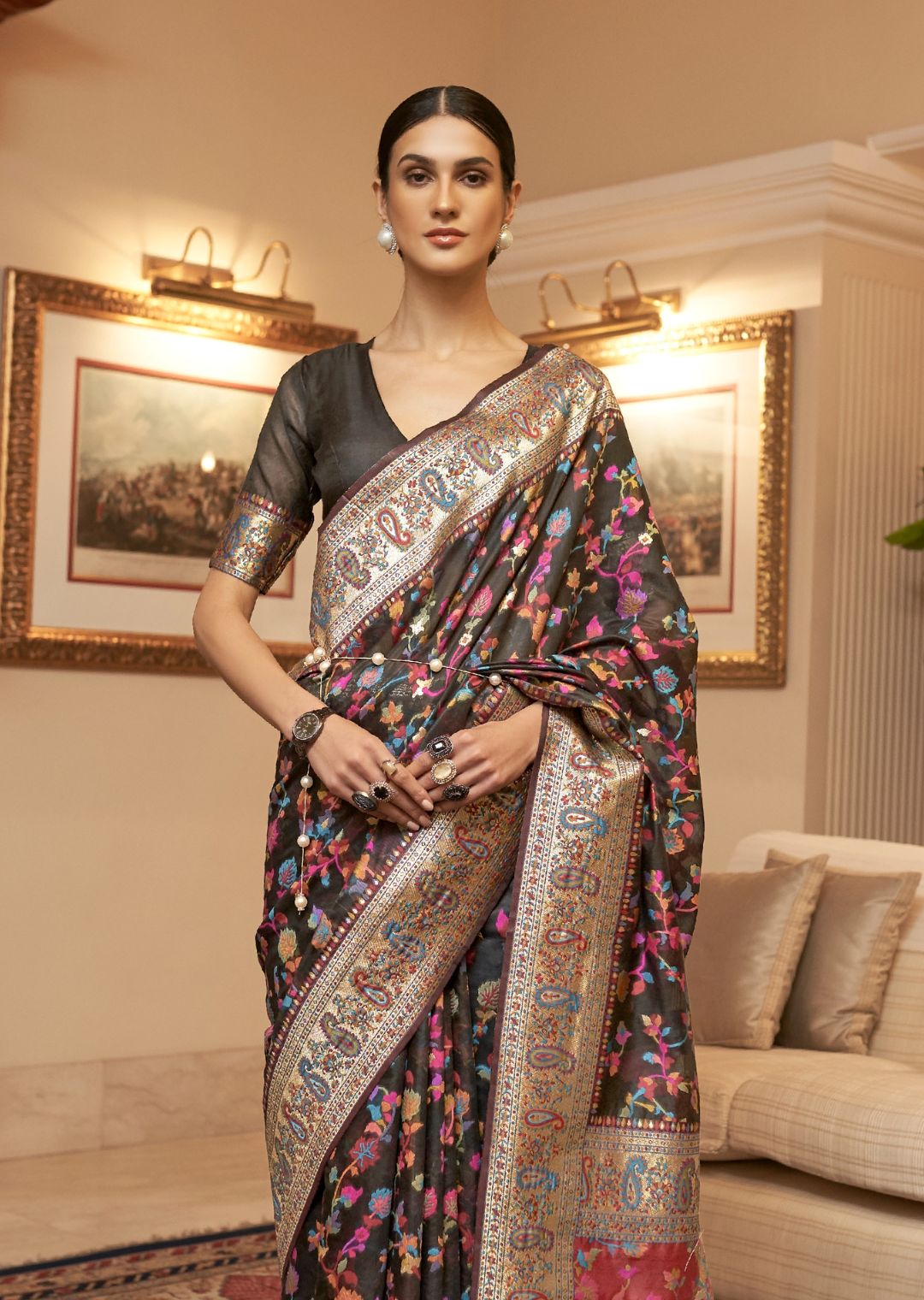 Black Woven Pure Handloom Kashmiri Jamewar Silk Saree