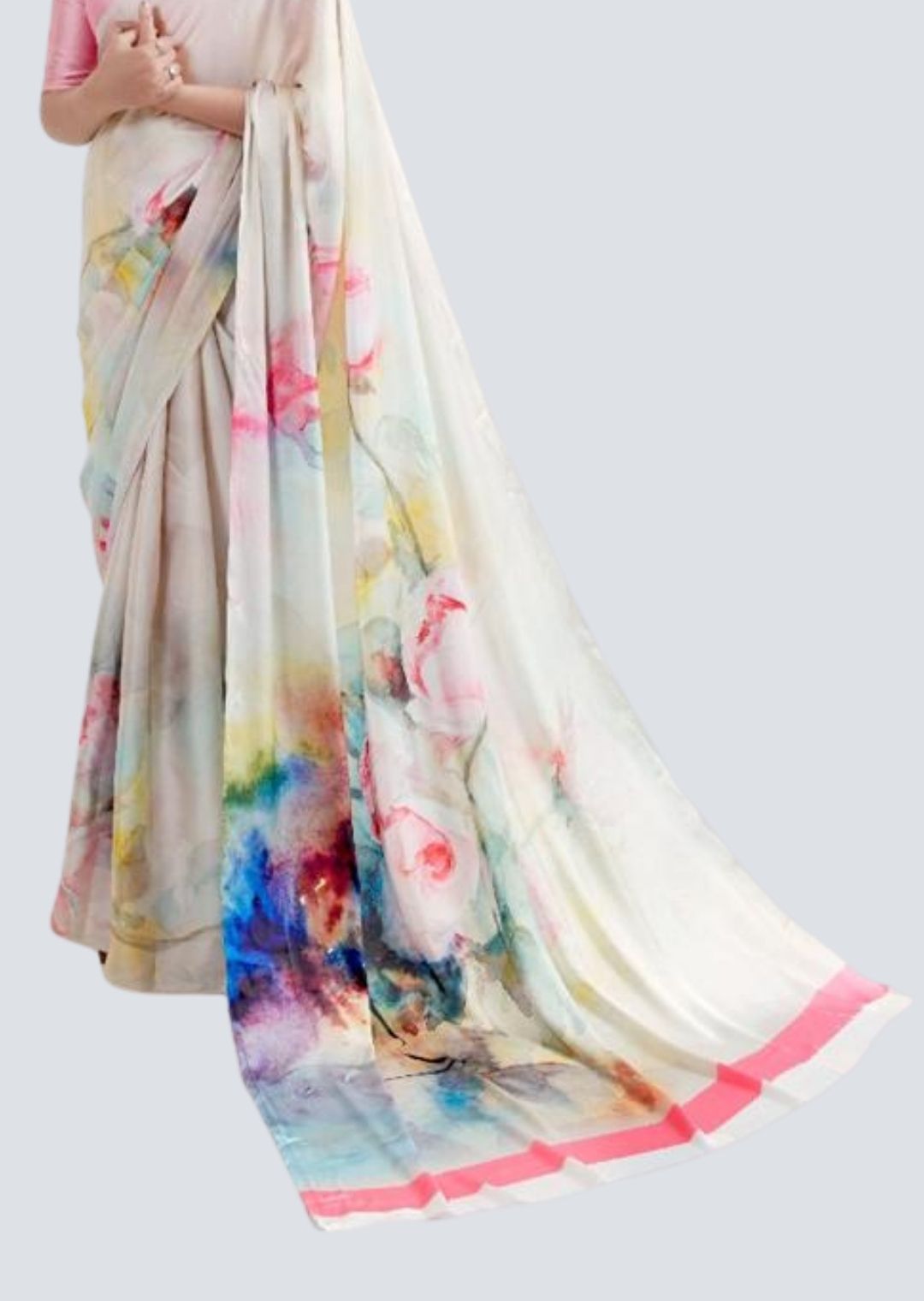 Milky White Digital Printed Satin Crepe Saree