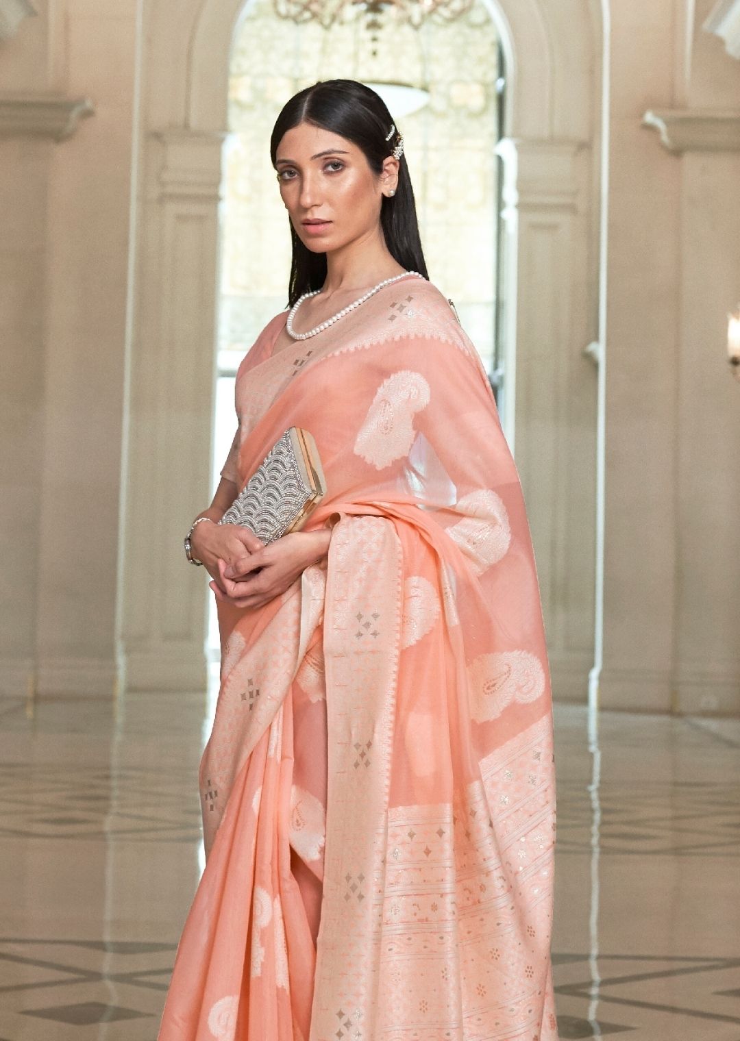 Light Peach Hand Woven Lucknowi Cotton Saree