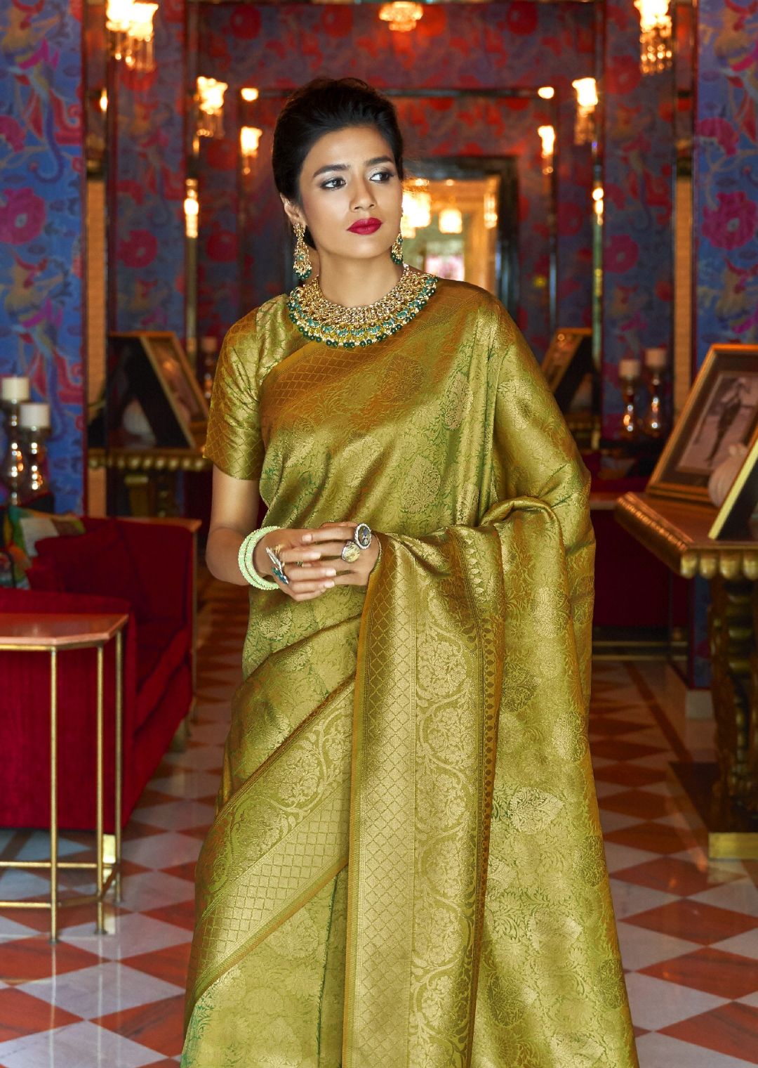 Olive Green Hand Woven Kanjivaram Silk Saree