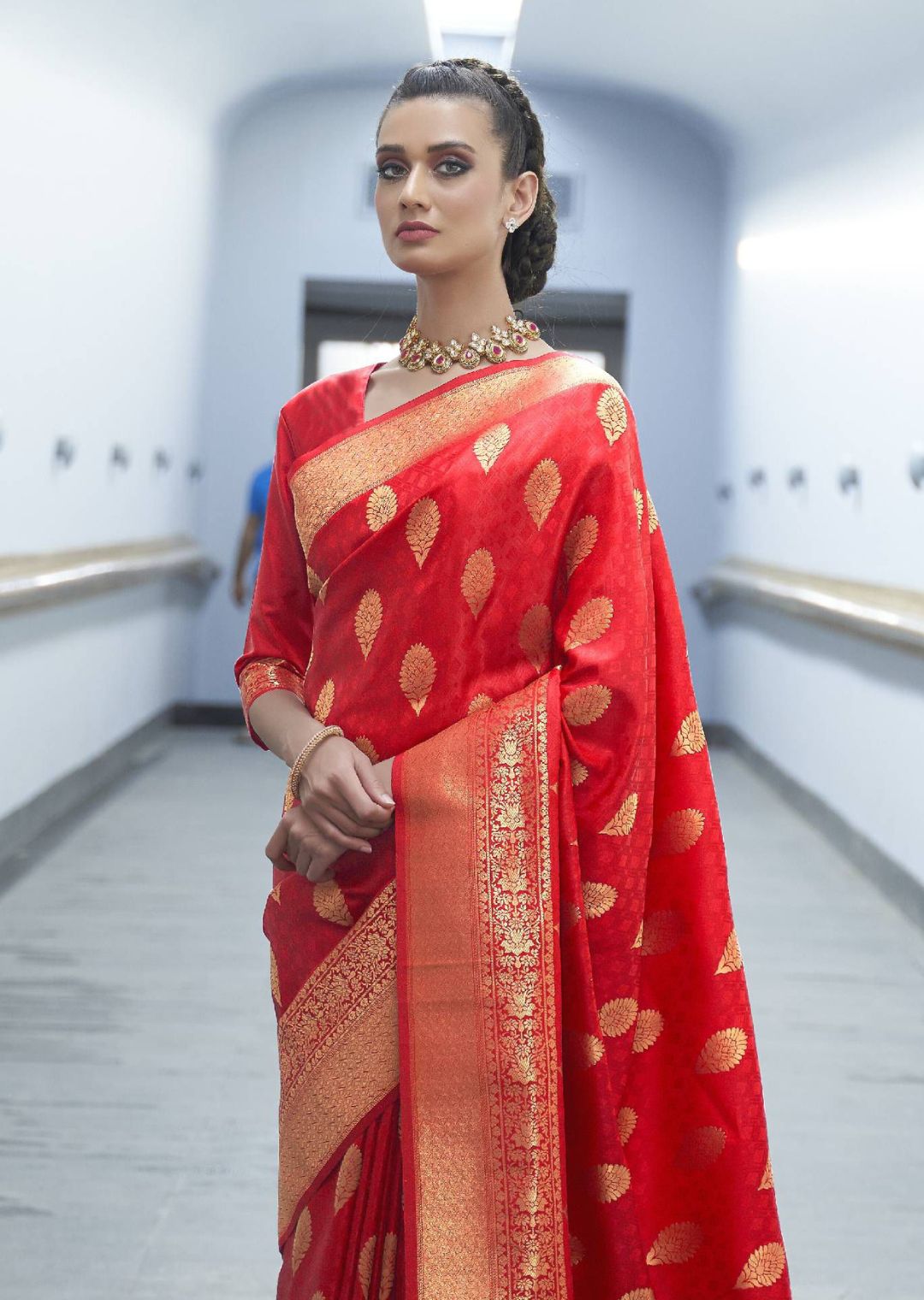 Brick Red Hand Woven Kanjivaram Silk Saree