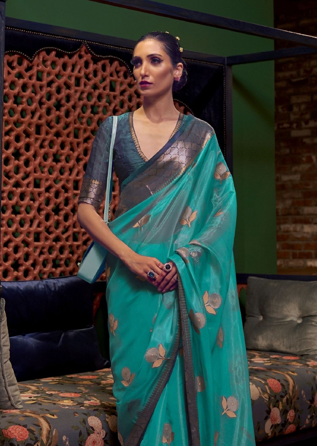 Deep Aqua Marine Blue Zari Woven Two Tone Pure Handloom Organza Silk Saree