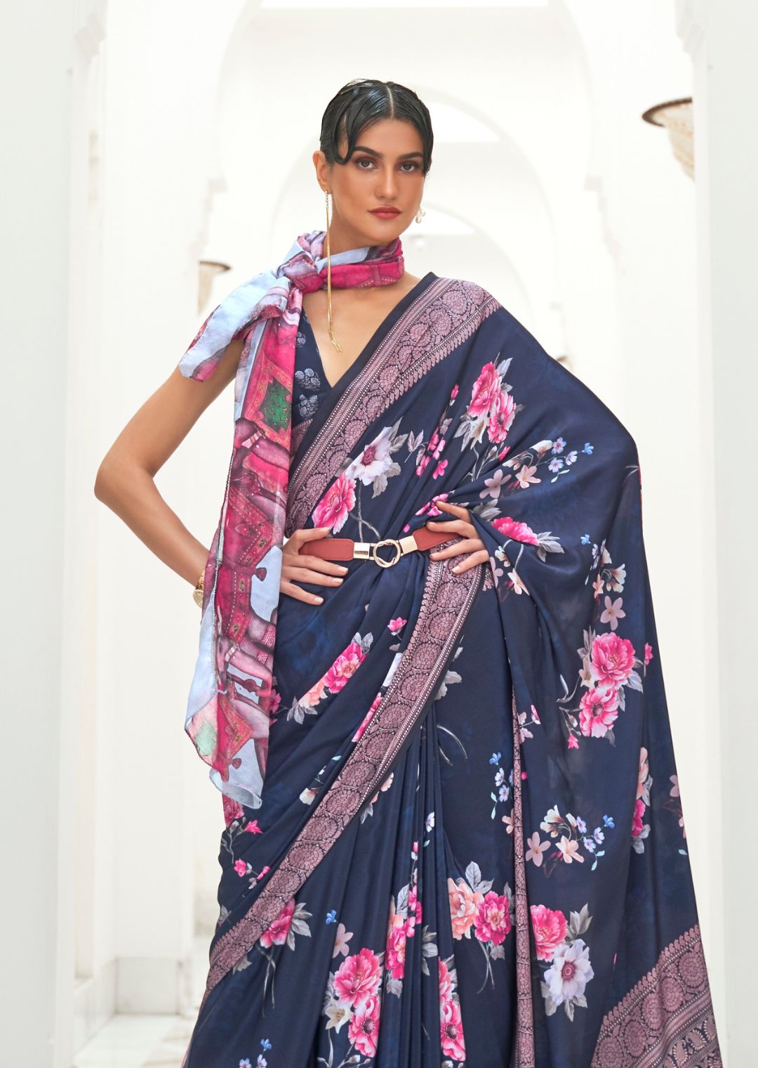 Midnight Blue Kalamkari Printed Pure Crepe Silk Saree