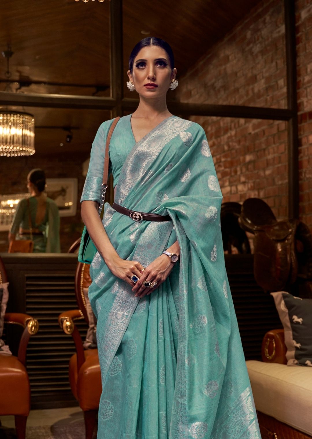 Aqua Blue Zari Woven Pure Handloom Linen Saree