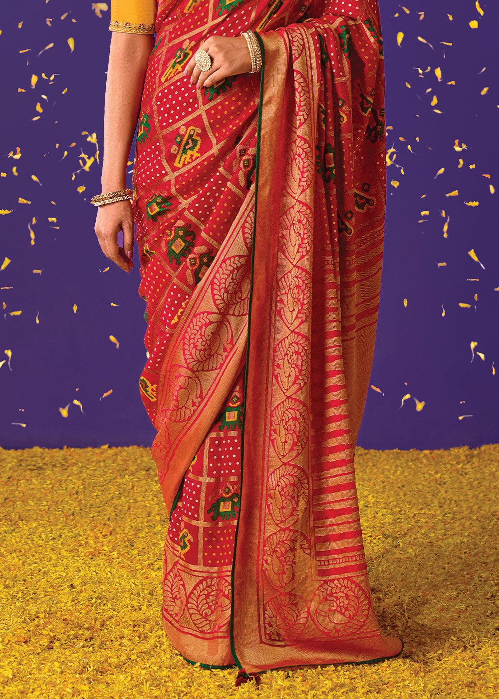 RED WOVEN PURE BRASSO CHIFFON SAREE WITH EMBROIDERED SILK BLOUSE