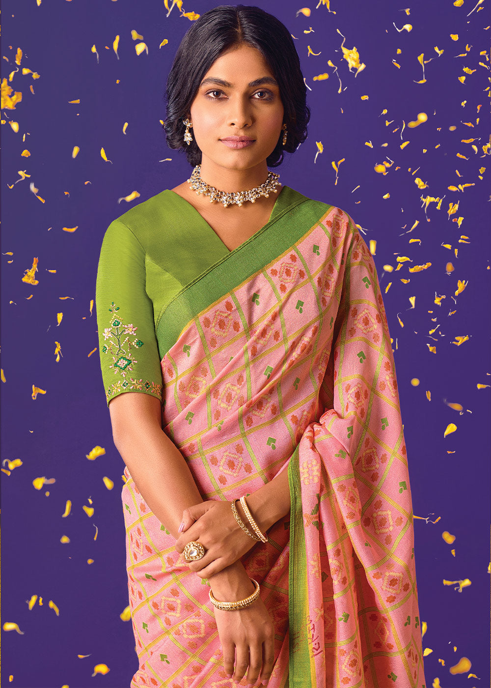 LEMONADE PINK WOVEN PURE BRASSO CHIFFON SAREE WITH EMBROIDERED SILK BLOUSE