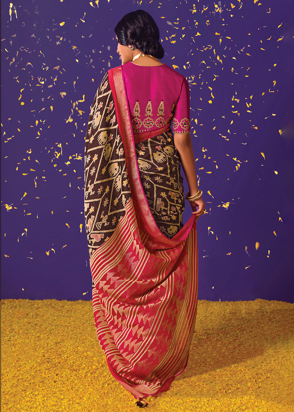 HICKORY BROWN WOVEN PURE BRASSO CHIFFON SAREE WITH EMBROIDERED SILK BLOUSE