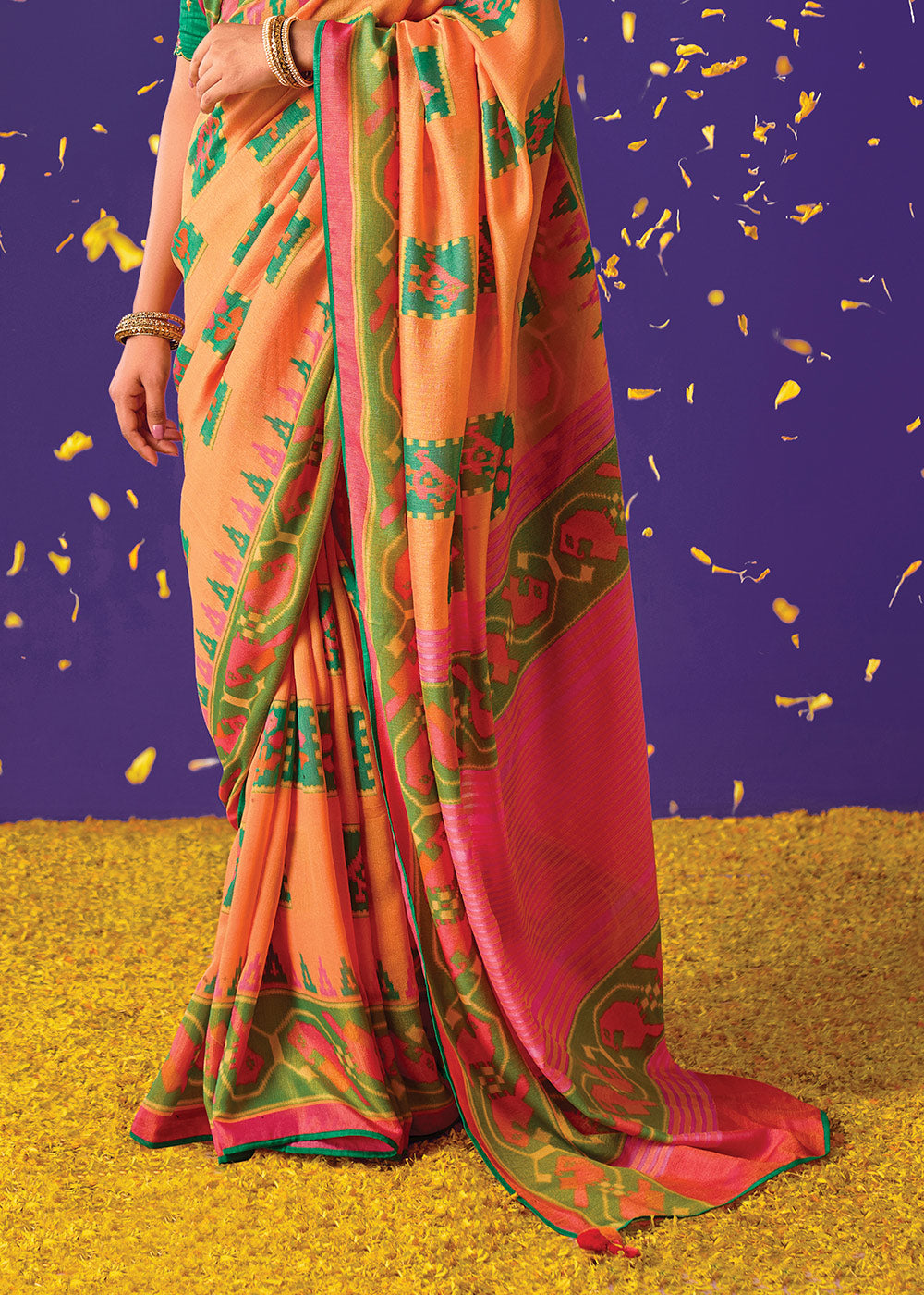 MELON ORANGE WOVEN PURE BRASSO CHIFFON SAREE WITH EMBROIDERED SILK BLOUSE