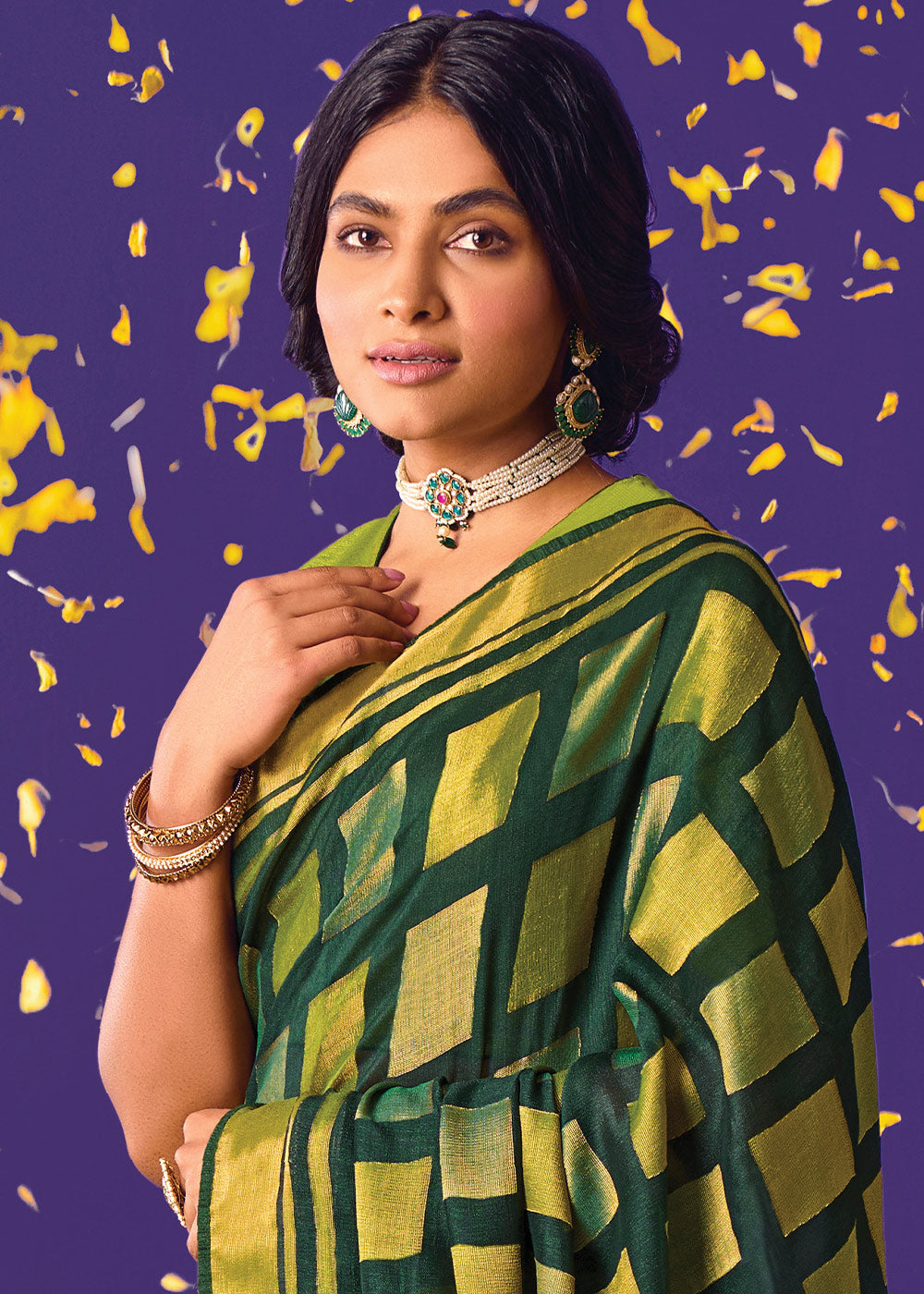 BOTTLE GREEN WOVEN PURE BRASSO CHIFFON SAREE WITH EMBROIDERED SILK BLOUSE