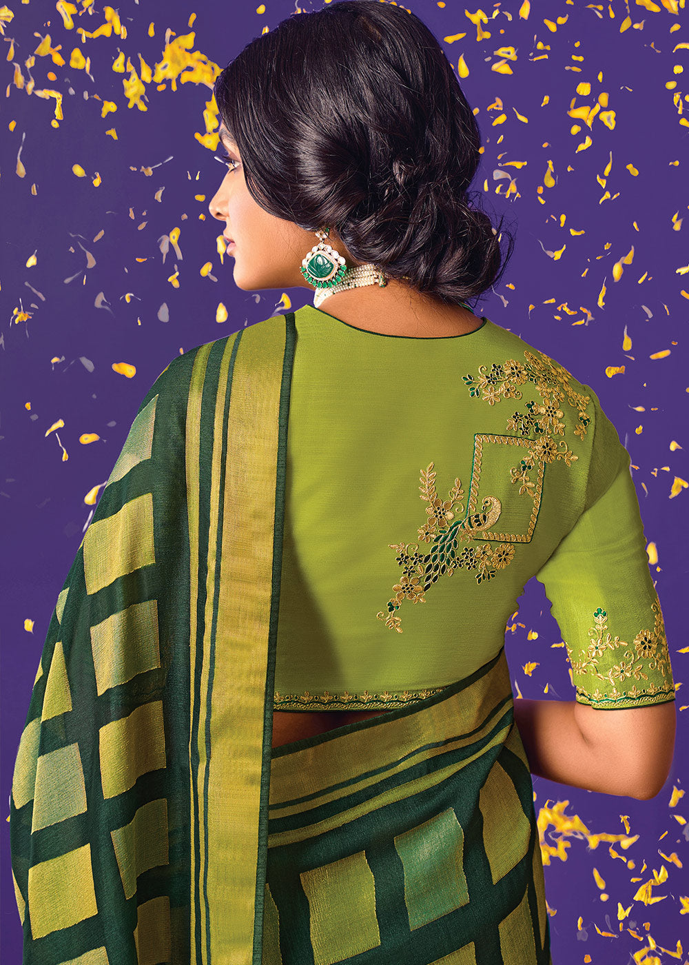 BOTTLE GREEN WOVEN PURE BRASSO CHIFFON SAREE WITH EMBROIDERED SILK BLOUSE