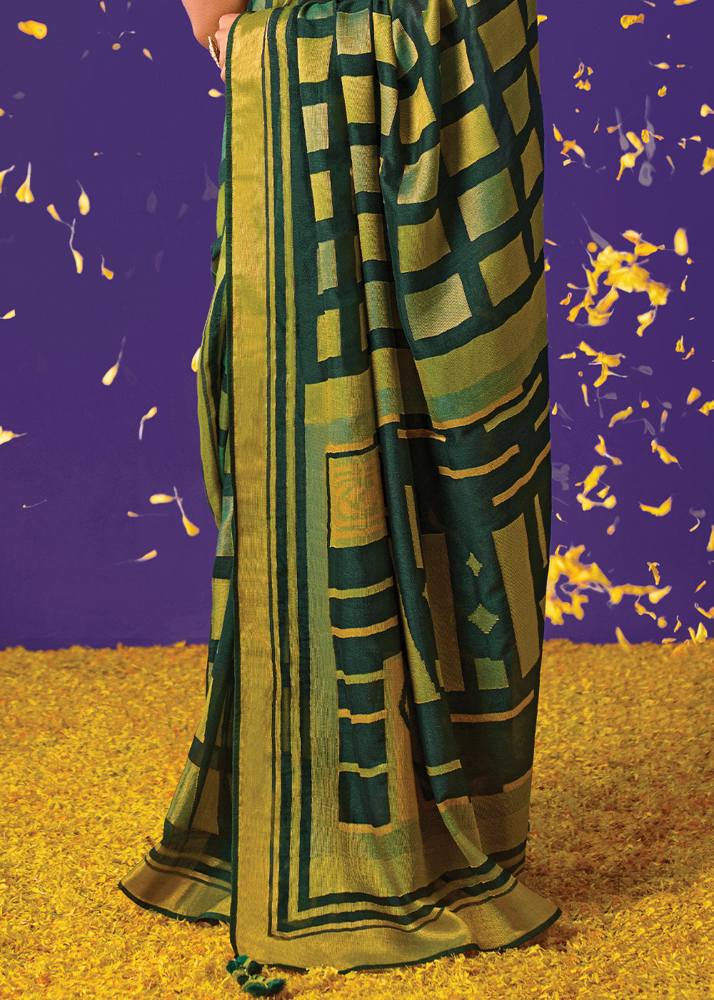 BOTTLE GREEN WOVEN PURE BRASSO CHIFFON SAREE WITH EMBROIDERED SILK BLOUSE