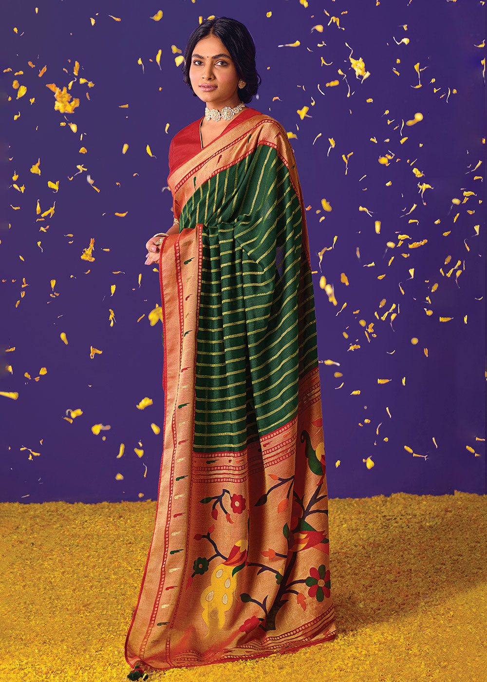 BOTTLE GREEN AND RED WOVEN PURE BRASSO CHIFFON SAREE WITH EMBROIDERED SILK BLOUSE