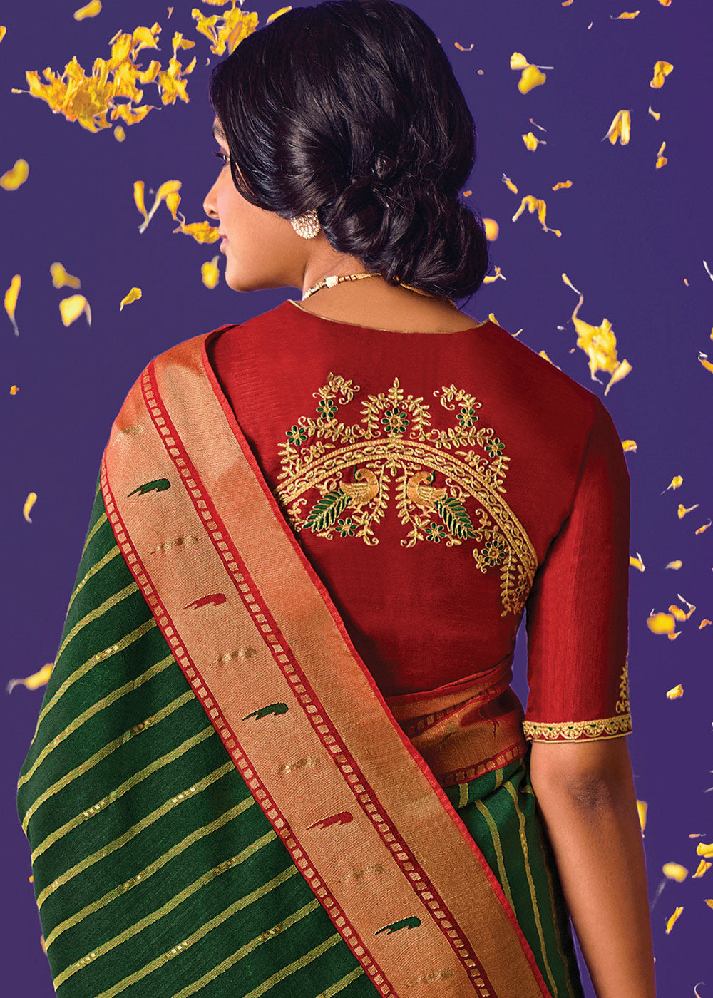 BOTTLE GREEN AND RED WOVEN PURE BRASSO CHIFFON SAREE WITH EMBROIDERED SILK BLOUSE