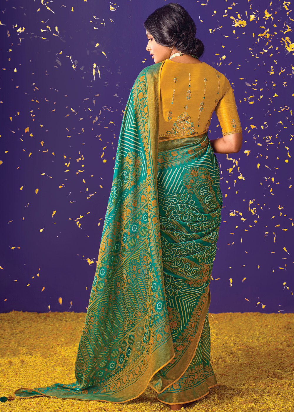 TURQUOISE GREEN WOVEN PURE BRASSO CHIFFON SAREE WITH EMBROIDERED SILK BLOUSE