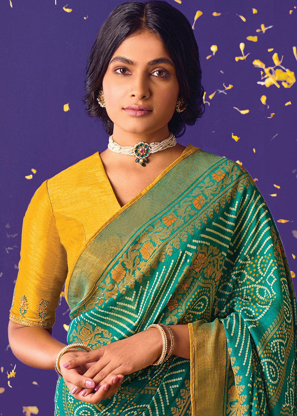 TURQUOISE GREEN WOVEN PURE BRASSO CHIFFON SAREE WITH EMBROIDERED SILK BLOUSE