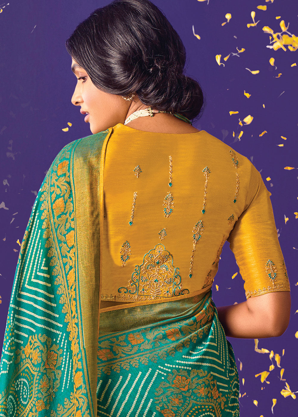 TURQUOISE GREEN WOVEN PURE BRASSO CHIFFON SAREE WITH EMBROIDERED SILK BLOUSE