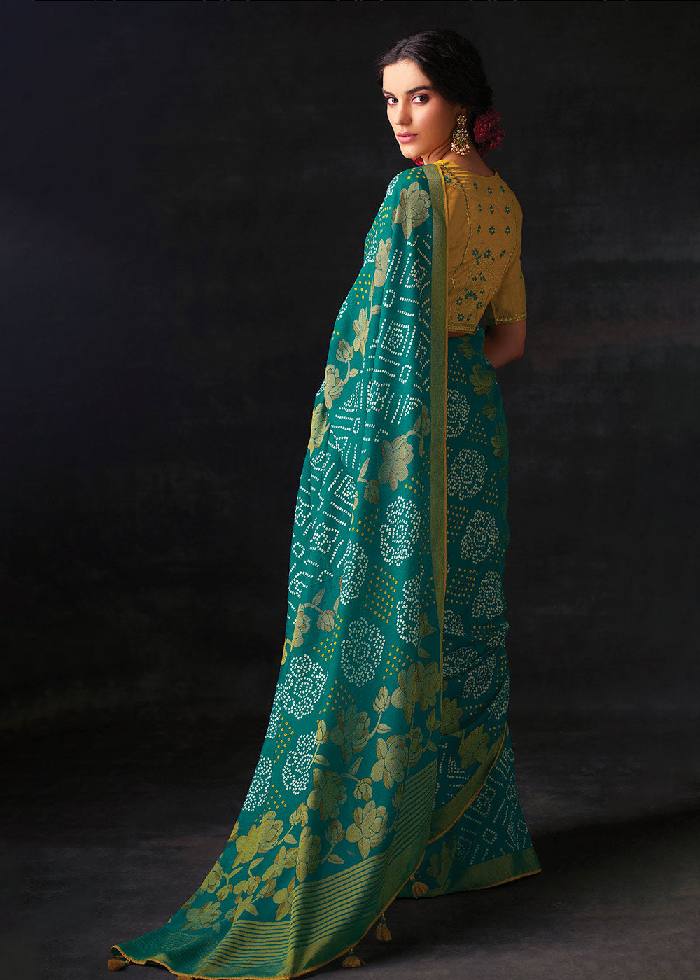 TEAL GREEN WOVEN PURE BRASSO CHIFFON SAREE WITH EMBROIDERED SILK BLOUSE